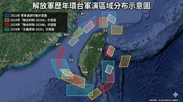 ▲解放軍歷年重大環台軍演範圍對照圖。（AI協作圖／記者魏有德製作，經編輯審核）
