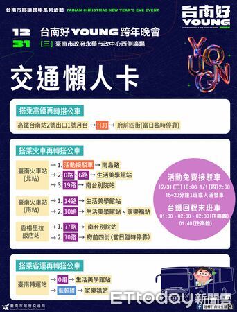 ▲「台南好young跨年晚會」31日於永華市政中心西側廣場登場，市府提前公布交通管制與接駁資訊，呼籲民眾提早規劃行程。（記者林東良翻攝，下同）