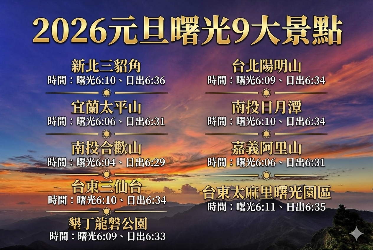 ▲▼2026元旦曙光九大景點。（AI協作圖／記者葉國吏製作，經編輯審核）（AI協作圖／記者葉國吏製作，經編輯審核）