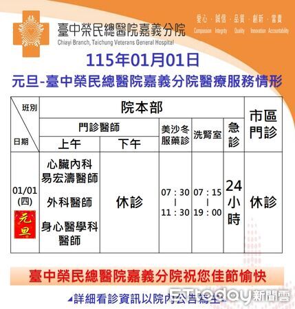 ▲▼   115年1月1日(星期四)適逢元旦假日，臺中榮總嘉義暨灣橋分院門診醫療服務時段調整，請就診民眾多加留意。  。（圖／臺中榮總嘉義分院提供）
