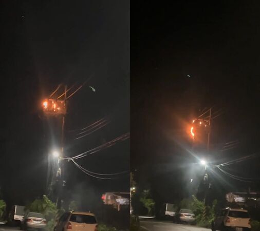 ▲電桿上的變電箱爆炸起火，民眾一度以共軍打來了。（圖／廖姓民眾提供）