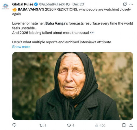 保加利亞盲眼預言家巴巴萬加（Baba Vanga）留下大量關於未來的預測，至今仍引發全球關注與解讀。（圖／翻攝自X，@GlobalPulseXHQ）