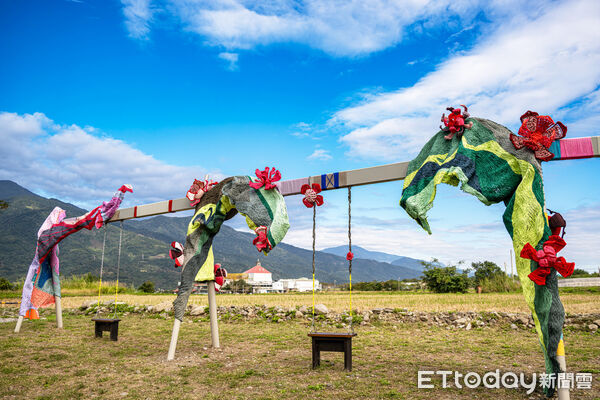 ▲▼阿德與夥伴Vivian利用回收物品加入自然元素在作品中融合交錯，化作一場色彩繽紛的舞蹈。（圖／縱管處提供，下同）