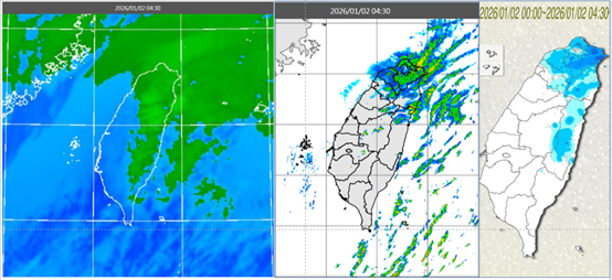 ▲▼今(2日)晨4：30紅外線雲圖顯示，迎風面雲多、背風面雲少（左）。4：30雷達回波合成圖顯示，降水回波仍以迎風面較多（中）。4：30累積雨量顯示，桃園以北明顯降雨，花蓮、新竹零星（右）。（圖／翻攝自「洩天機教室」）