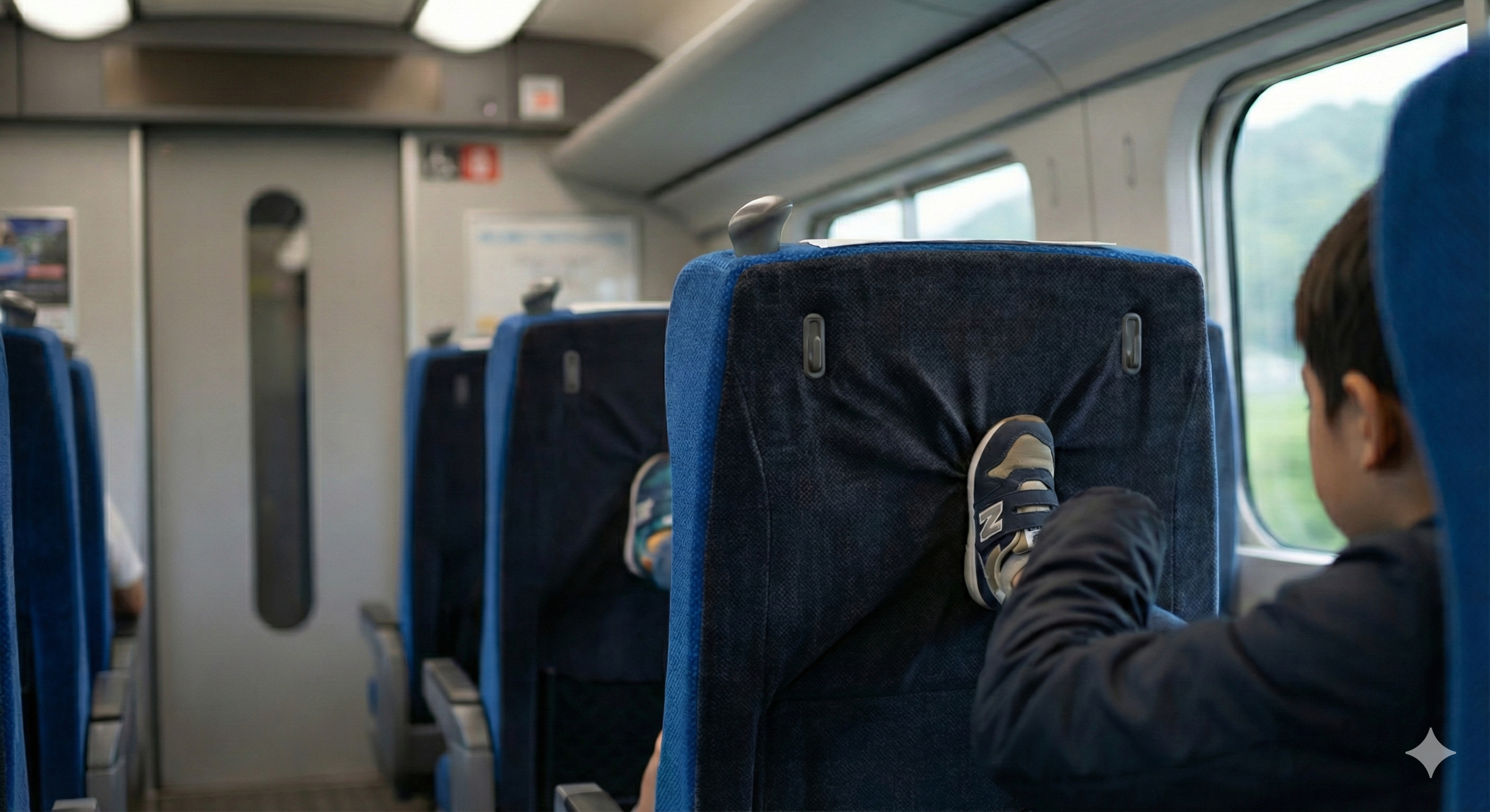 ▲▼搭新幹線被後座屁孩「狂踢椅背」。（AI協作圖／記者張方瑀製作，經編輯審核）