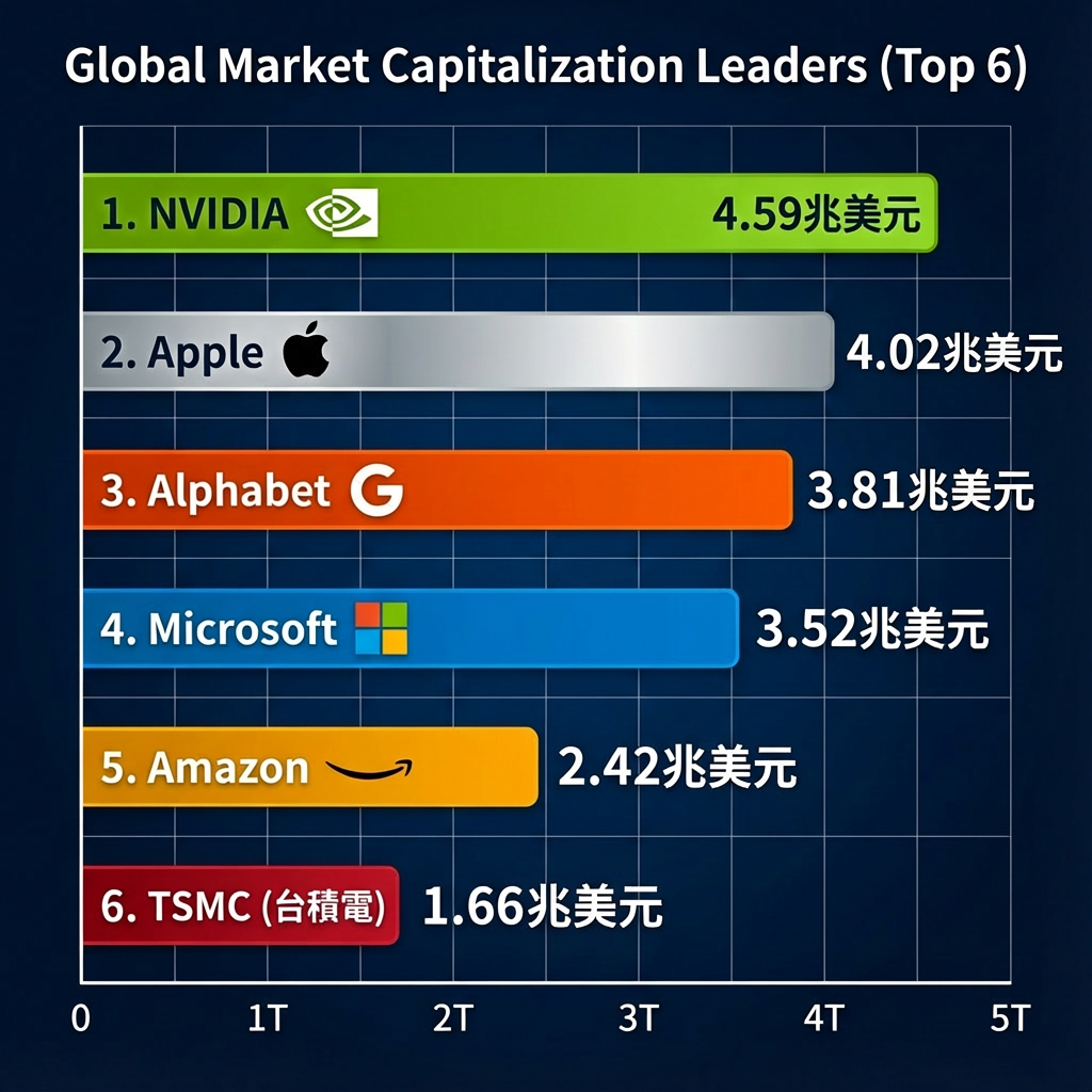 ▲▼全球前六大市值公司。（AI協作圖／記者林潔禎製作，經編輯審核）