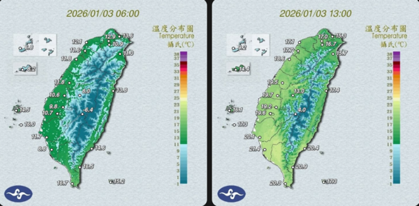 ▲▼今晨6時和下午1時的溫度震盪10度，高雄溫差更高達近13度。（圖／Threads／台灣颱風論壇｜天氣特急）