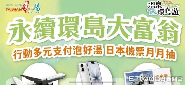 ▲▼「永續環島大富翁」活動，民眾只要在溫泉區消費並使用多元支付，就有機會月月抽中日本東京來回機票與最新款iPhone。（圖／縱管處提供，下同）