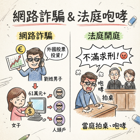 ▲劉男詐騙女子60多萬元投資外國股票再轉匯3人頭帳戶。（AI協作圖／記者唐詠絮製作，經編輯審核）