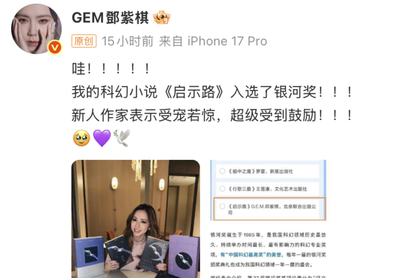 ▲鄧紫棋長篇小說參選角逐大陸科幻小說最高獎「銀河獎」。（圖／翻攝微博）
