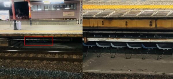 網友拍下火車站月台下方暫避空間內擺放藍色座椅的畫面，引發大量討論，台鐵回應指出，該影片拍攝地點應為日本鐵道月台。（翻攝自threads/tms_tomorrow）