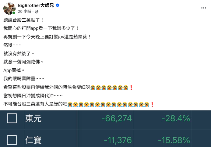 ▲台股風光三萬點！曬淒慘圖「還有人是綠的吧？」　大票人取暖。（圖／BigBrother大師兄授權引用）