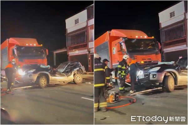 ▲▼轉彎遭貨車攔腰撞折一半，男子失去呼吸心跳。（圖／記者楊漢聲翻攝）
