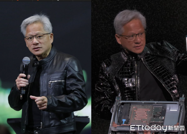 ▲黃仁勳這次登台不穿經典皮衣，改穿鱷魚皮紋路皮外套。（左圖／記者湯興漢攝／右圖／翻攝輝達YouTube直播）