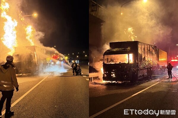▲▼國道1號林口段聯結車火燒車。（圖／記者陸運陞翻攝）