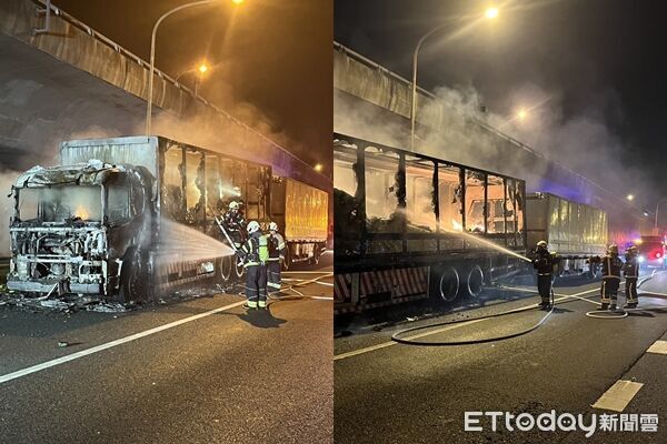 ▲▼國道1號林口段聯結車火燒車。（圖／記者陸運陞翻攝）