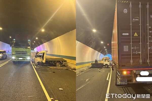 ▲▼             國3基隆隧道內貨櫃車與小貨車發生擦撞，1人受傷送醫。（圖／記者郭世賢翻攝）