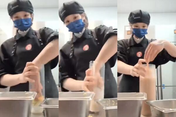 ▲霸王茶姬店員玩「手打奶茶」遭炎上。（圖／翻攝自微博）