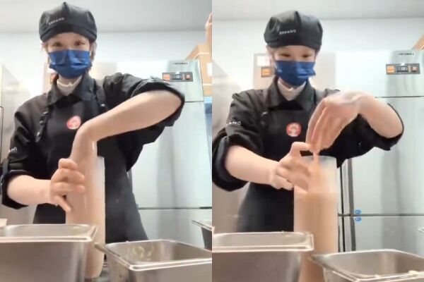 ▲▼噁！霸王茶姬員工玩「手打奶茶」遭炎上。（圖／翻攝自微博）