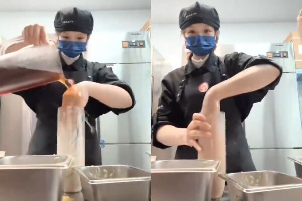 ▲▼噁！霸王茶姬員工玩「手打奶茶」遭炎上。（圖／翻攝自微博）