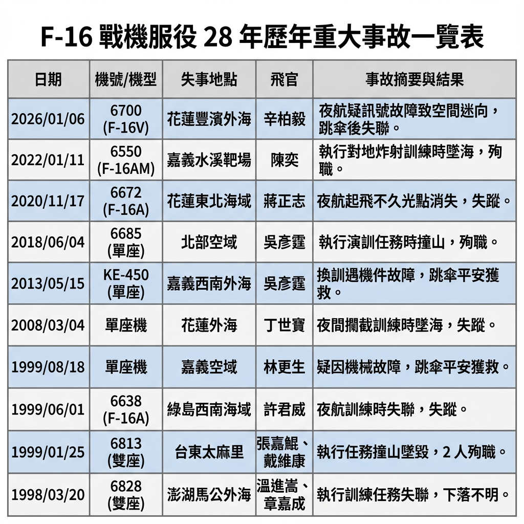 F-16戰機服役28年　歷年重大事故一覽表。（圖／AI製圖）（AI協作圖／記者周亭瑋製作，經編輯審核）