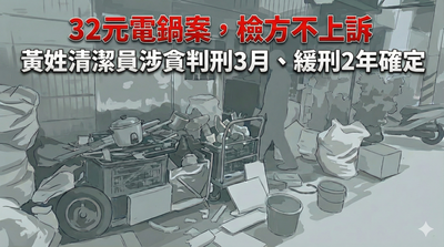 快訊／回收32元電鍋送拾荒婦　檢方、清潔員不上訴...一審判刑確定