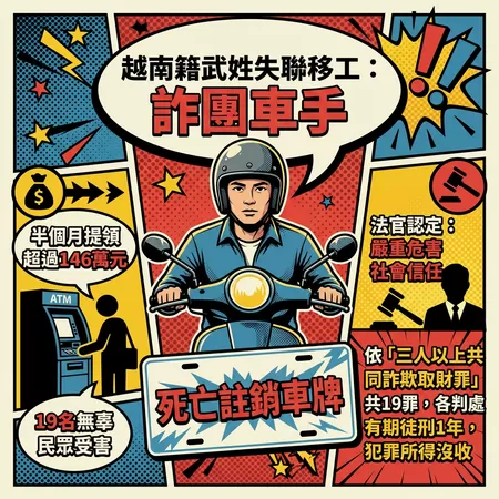 ▲失聯移工當車手狂領146萬元，騎乘的機車車牌露餡遭逮。（AI協作圖／記者唐詠絮製作，經編輯審核）