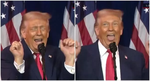 川普在演說時用誇張方式模仿跨性別舉重選手。（翻攝X@BBCArdalan）