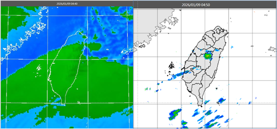 今(9日)晨4：40紅外線雲圖顯示，中層雲向北移動、遮蔽中南部的天空(左圖)。4：50降水回波合成圖顯示，中層雲伴隨的降水回波很弱、且很零星(右圖)。（圖／翻攝自「洩天機教室」）