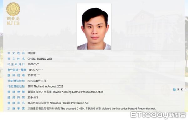 ▲▼毒品通緝犯陳縱緯藏身泰國被查獲須遣返，調查局派員赴泰押解，9日搭機回台歸案。（圖／翻攝調查局外逃通緝犯查詢系統、調查局提供）