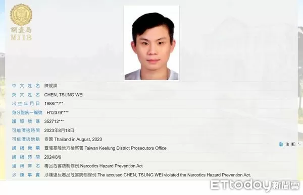 ▲▼毒品通緝犯陳縱緯藏身泰國被查獲須遣返，調查局派員赴泰押解，9日搭機回台歸案。（圖／翻攝調查局外逃通緝犯查詢系統、調查局提供）