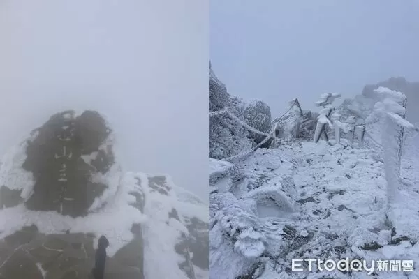 ▲玉山下雪了，今2山友不畏嚴寒登頂。（圖／玉管處提供）