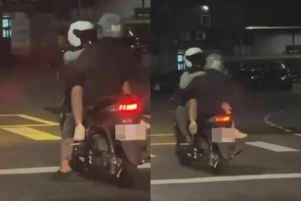 ▲▼女子搭機車沒坐後座，反而是反向跨坐在騎士腿上。（圖／翻攝臉書／爆料公社）