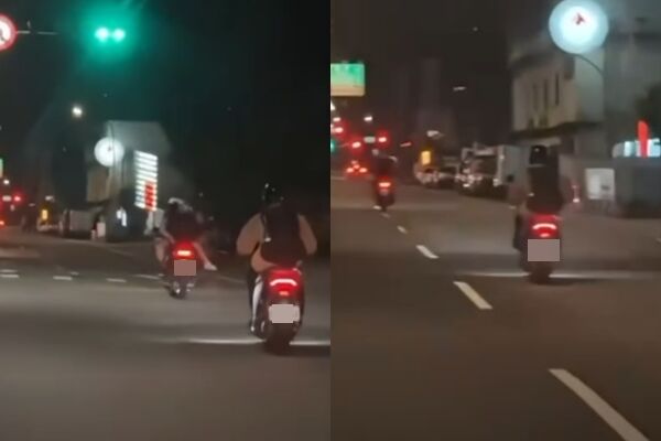 ▲▼女子搭機車沒坐後座，反而是反向跨坐在騎士腿上。（圖／翻攝臉書／爆料公社）