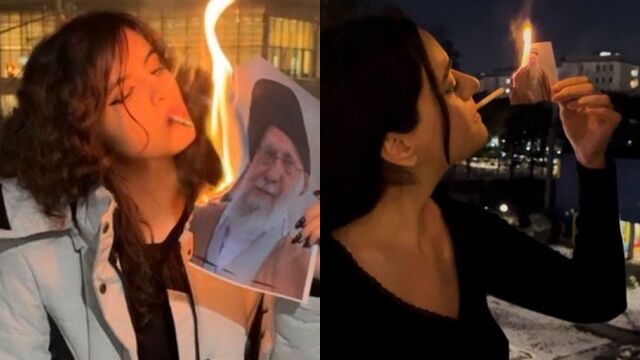 ▲▼血腥鎮壓逾60死！伊朗情侶走向槍口　女性點菸「燒最高領袖照片」。（圖／翻攝X）