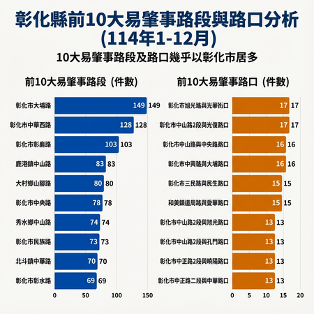 ▲彰化10大肇事路段出爐。（AI協作圖／記者唐詠絮製作，經編輯審核）