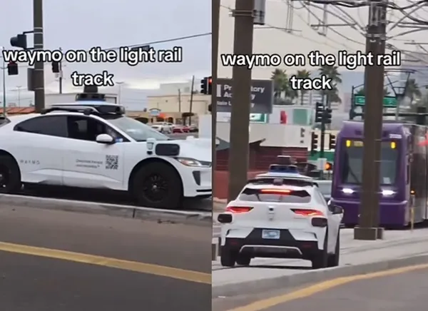 無人計程車卡在輕軌上　「附近有列車靠近」乘客驚嚇下車逃命。（圖／翻攝自X）