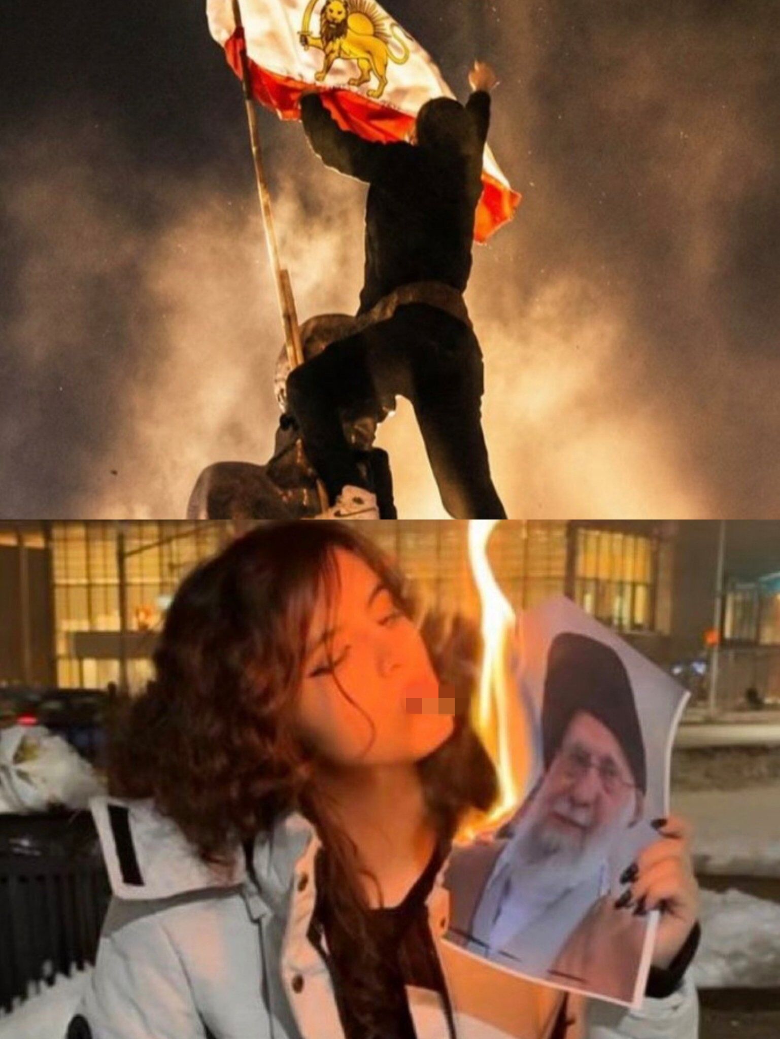 ▲▼伊朗示威民眾拿哈馬尼肖像點菸。（圖／翻攝X）