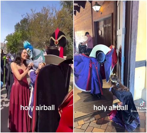 真人版《白雪公主》中扮演壞皇后的女星蓋兒加朵，曾在樂園與莎賓娜扮的壞皇后相會。（左圖）／莎賓娜很會與小朋友互動。（右圖，翻攝sabrinavonb TikTok）