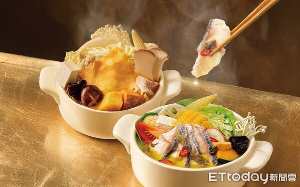 ▲「12mini 快煮小火鍋」即日起至3/31推出季節限定的開運黃金雙鍋-金湯酸菜魚鍋（前）和黃金南瓜起司鍋。（圖／王品集團提供）