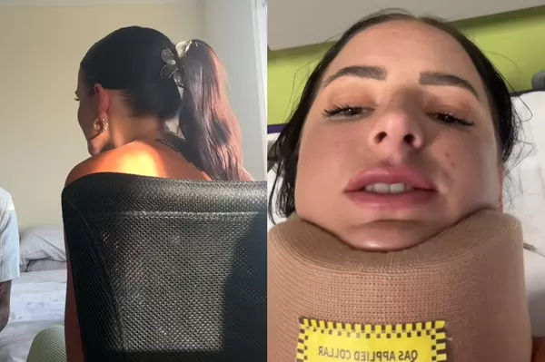 比車禍還恐怖！22歲女被撞「鯊魚夾重擊頭頸」　網驚嚇：不敢用了。（圖／翻攝自TikTok／isthisellacarter）