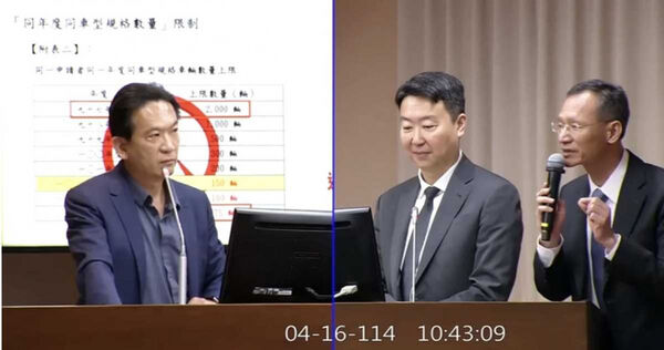 立委林俊憲於立法院交通委員會質詢美規車配額問題，公路局長林福山（右一）回應表示，因為台灣現行車輛審驗制度主要採歐盟規格。（圖／翻攝自國會頻道）