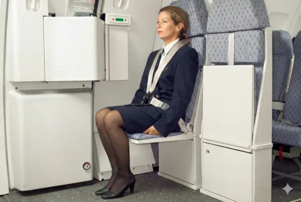▲▼空服員雙手塞在大腿下「防撞準備姿勢」（Brace-ready position）。（AI協作圖／記者張方瑀製作，經編輯審核）