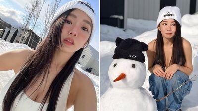 郭書瑤雪地「脫到剩中空」！背心太低胸⋯包不住上圍  事業線全被拍