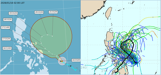 ▲▼圖：最新(16日2時)氣象署「颱風路徑潛勢預測圖」顯示，輕颱「洛鞍」，向西北前進、轉北再轉偏東，逐漸迴轉(左圖)。最新(15日20時)歐洲模式系集模擬顯示，「洛鞍」迴轉後，有打轉並減弱消散的趨勢(右圖)。（圖／翻攝自洩天機教室）