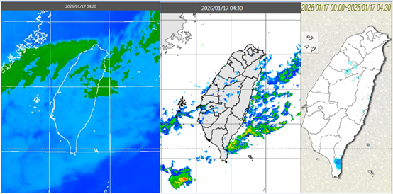 ▲▼今(17日)晨4：20紅外線色調強化雲圖顯示，台灣上空有有鬆散的中低雲(左圖)。4：30雷達回波合成圖顯示，雲層伴隨零星回波(中圖)。4：30累積雨量圖顯示，山區及東半部局部少量飄雨(右圖)。（圖／洩天機教室）
