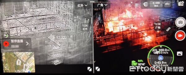 ▲台南市安南區施工中新建大樓高樓層昨晚發生火警，警消克服佈線困難進行高空射水搶救。（記者林東良翻攝，下同）