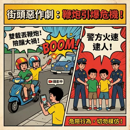 ▲３名少年為了好玩街頭放鞭炮差點釀火燒車。（AI協作圖／記者唐詠絮製作，經編輯審核）