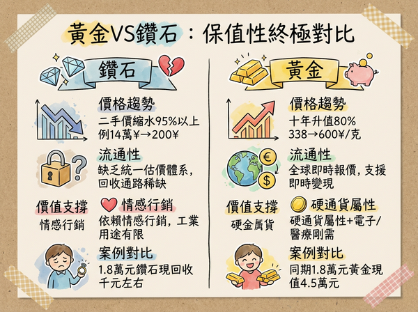 ▲黃金VS鑽石：保值性終極對比。（AI協作圖／記者廖翊慈製作，經編輯審核）