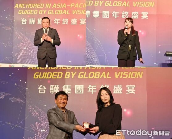 ▲左上圖陽明海運董事長蔡豐明致詞；右上圖華航台灣貨運中心總經理林侑宣致詞；下圖顏益財頒獎給資深20年員工時指出，台驊是幸福企業，女員工看起來特別年輕。（圖／記者張佩芬攝）